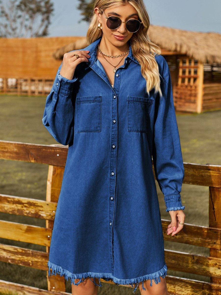 Button Up Collared Neck Raw Hem Denim Dress - Denim Dress