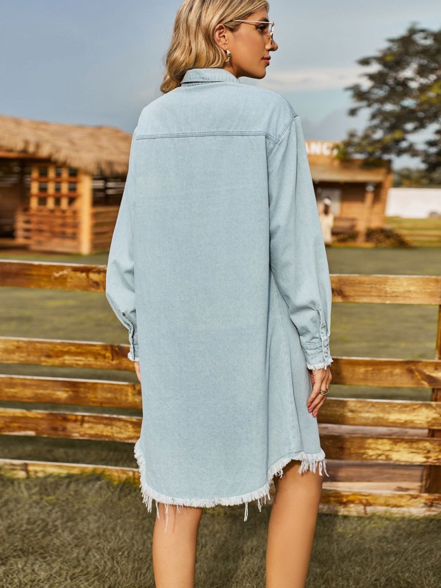Button Up Collared Neck Raw Hem Denim Dress - Denim Dress