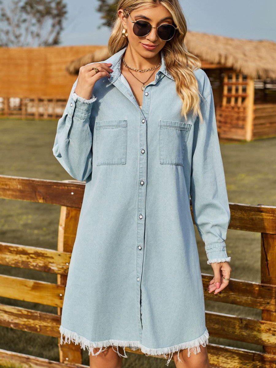Button Up Collared Neck Raw Hem Denim Dress - Denim Dress
