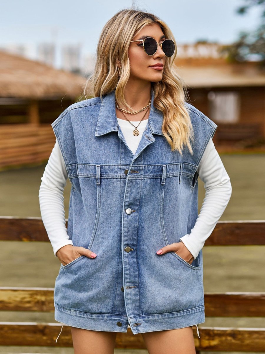 Button Up Collared Neck Sleeveless Denim Jacket - Outerwear