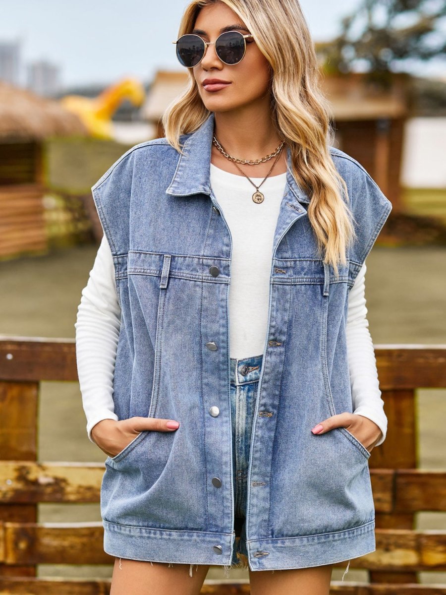Button Up Collared Neck Sleeveless Denim Jacket - Outerwear