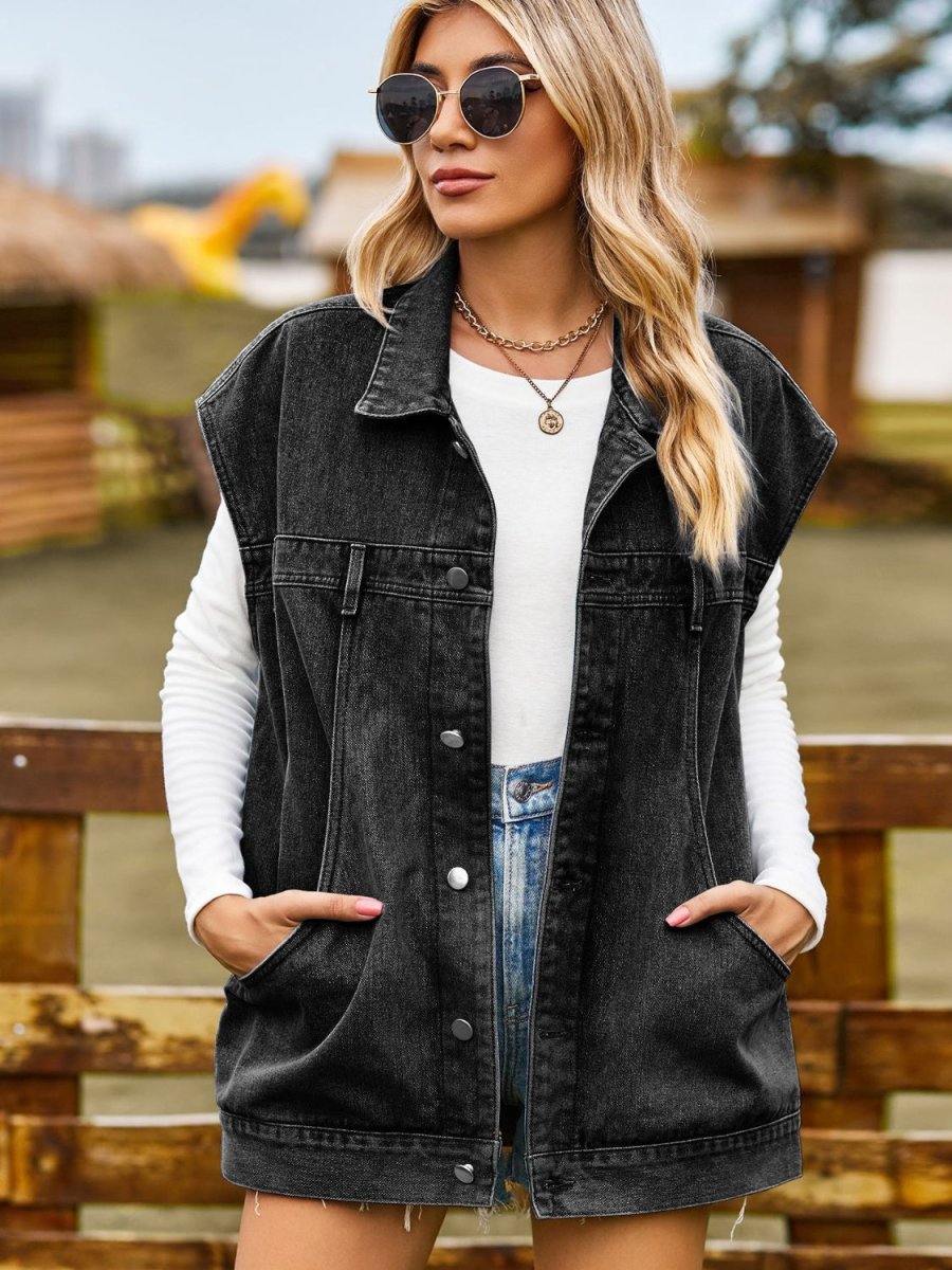 Button Up Collared Neck Sleeveless Denim Jacket - Outerwear