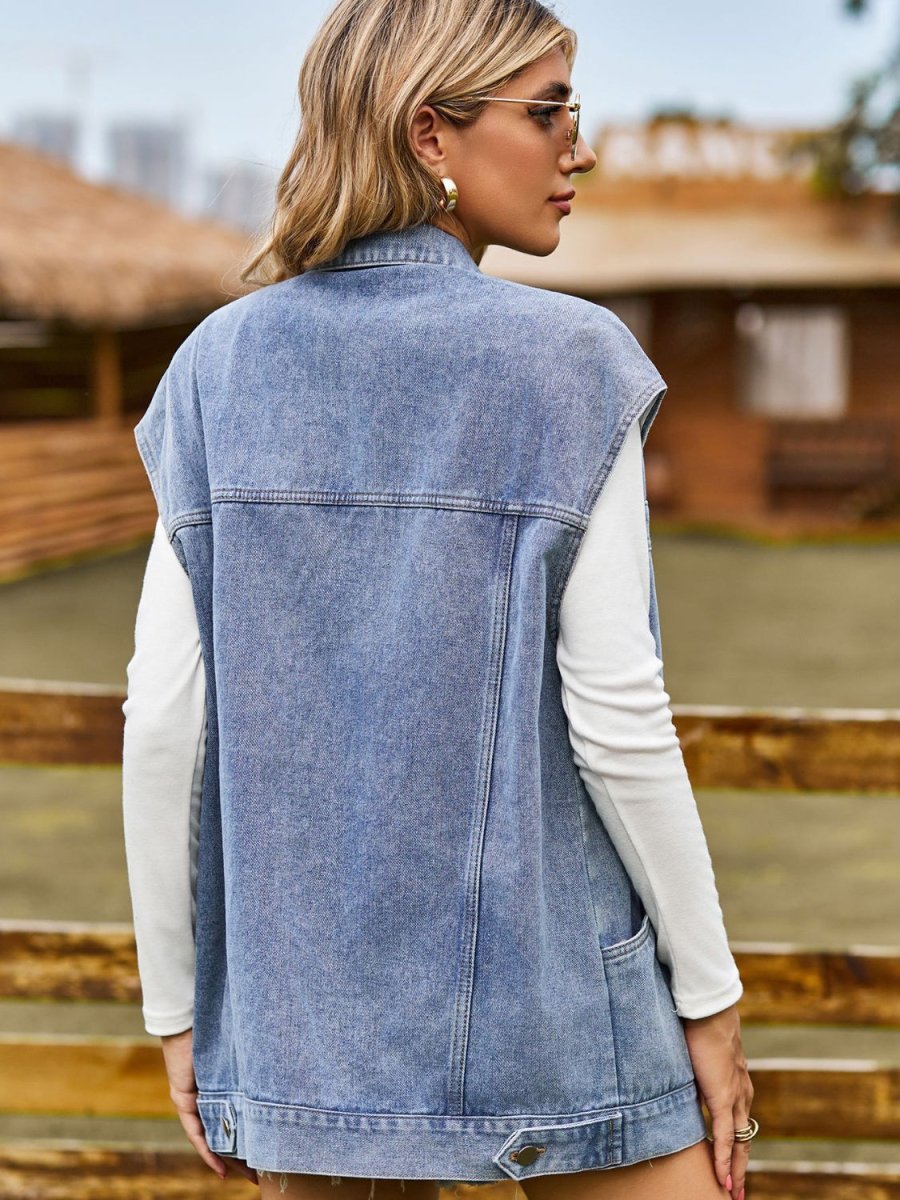 Button Up Collared Neck Sleeveless Denim Jacket - Outerwear