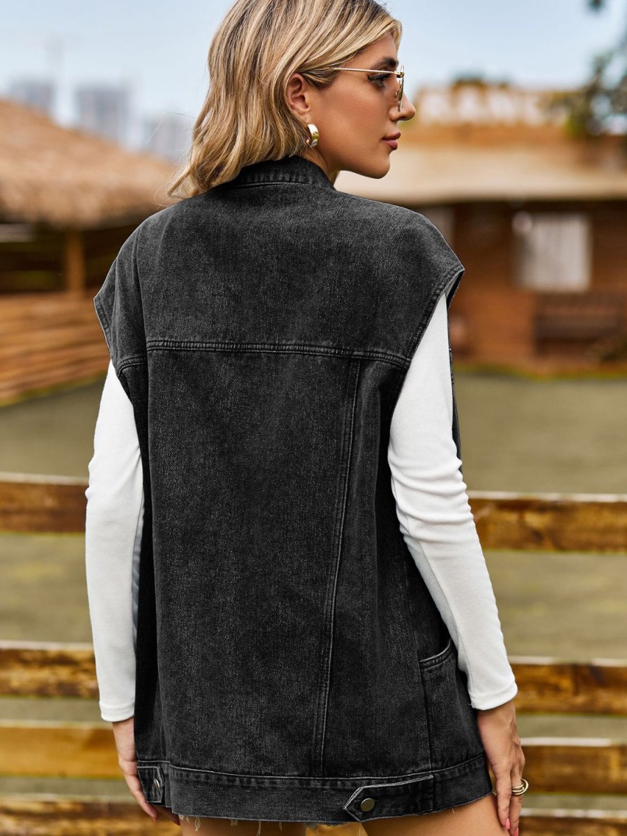 Button Up Collared Neck Sleeveless Denim Jacket - Outerwear