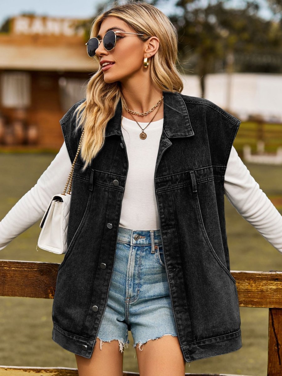 Button Up Collared Neck Sleeveless Denim Jacket - Outerwear