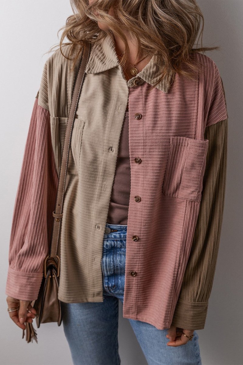 Button Up Color Block Long Sleeve Shacket - Outerwear