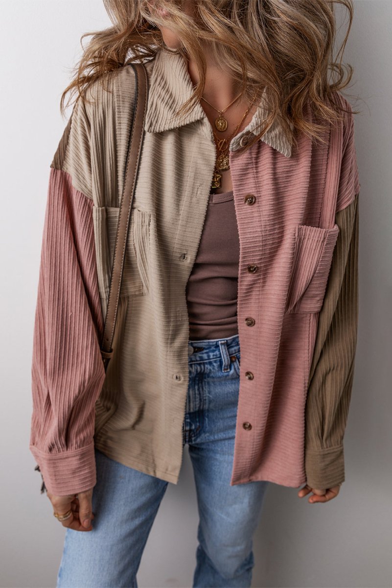 Button Up Color Block Long Sleeve Shacket - Outerwear