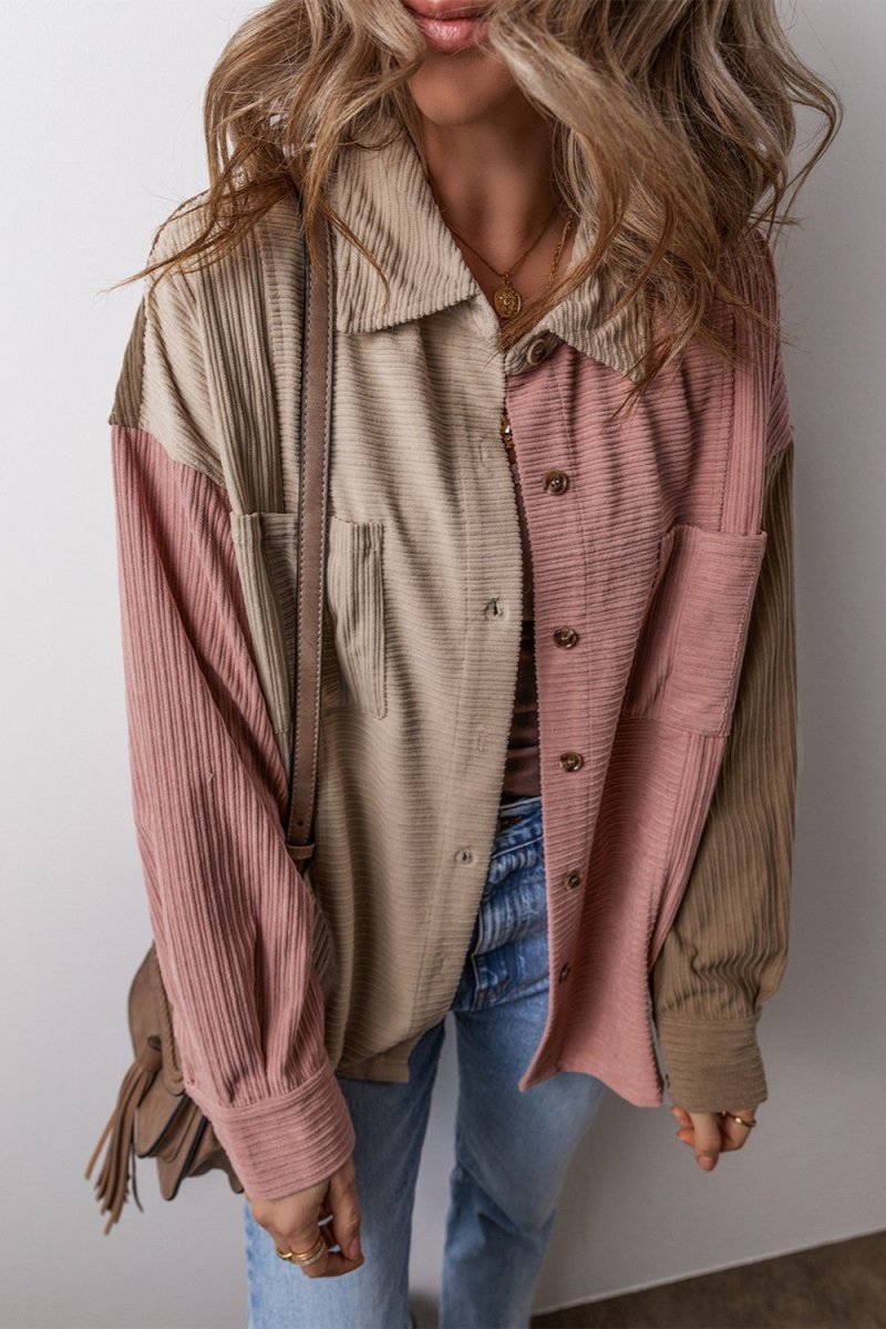 Button Up Color Block Long Sleeve Shacket - Outerwear