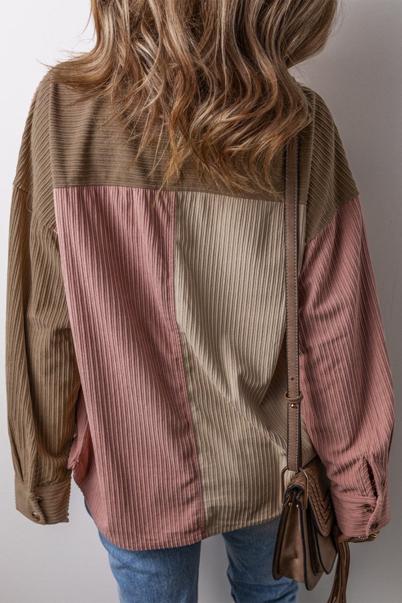 Button Up Color Block Long Sleeve Shacket - Outerwear