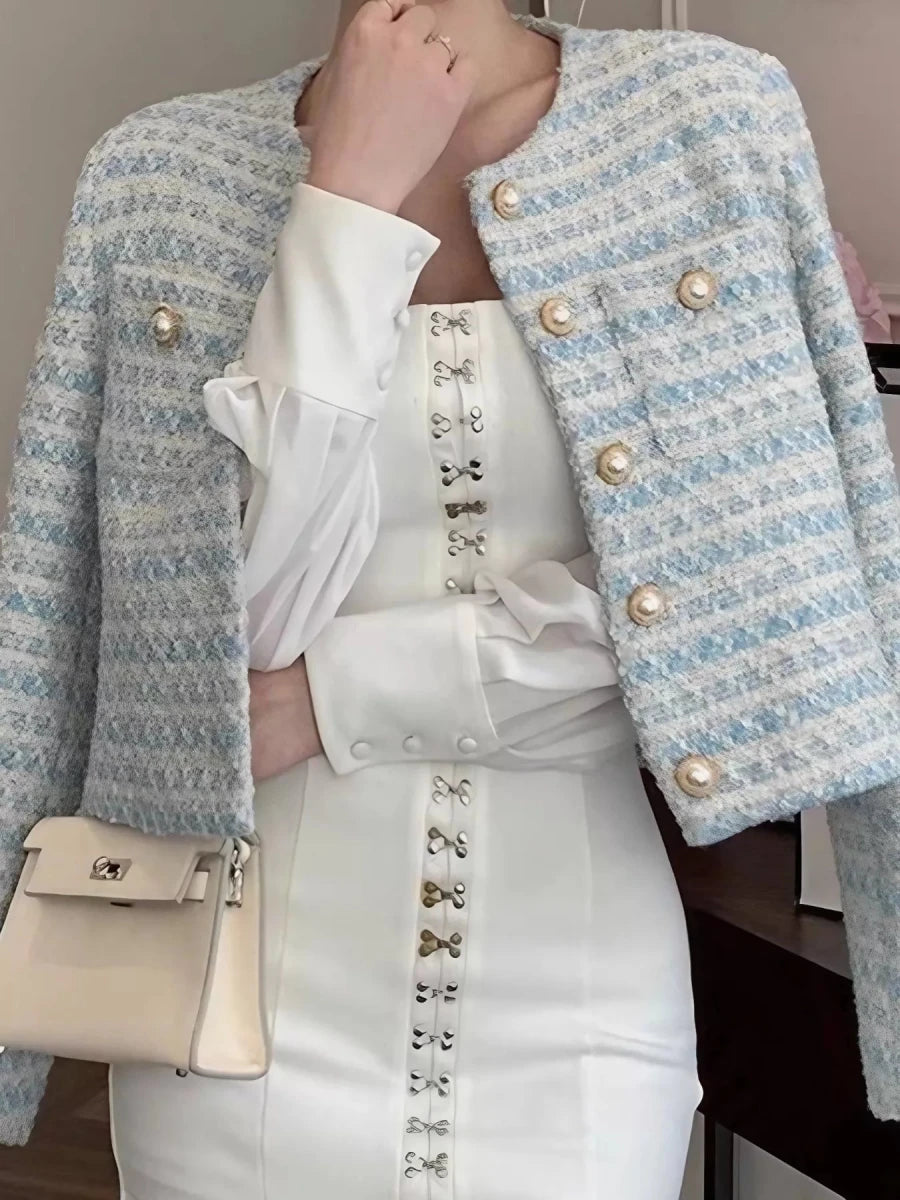 Button Up Cropped Tweed Outerwear - 