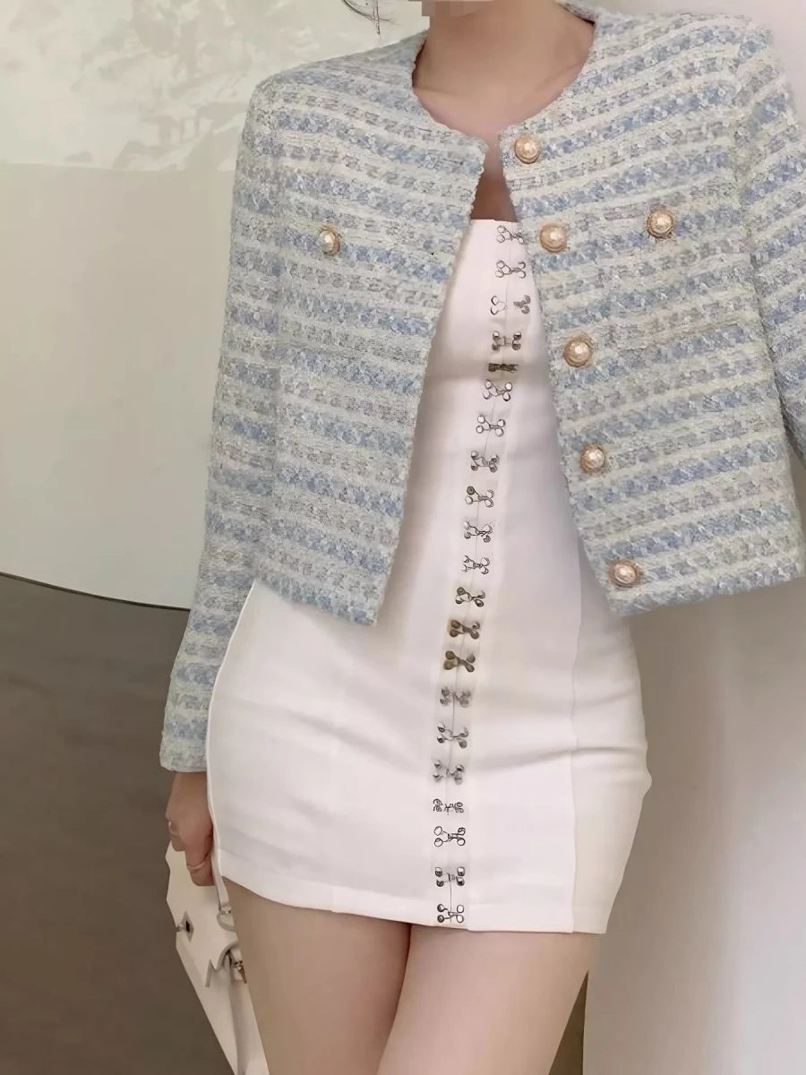 Button Up Cropped Tweed Outerwear - 