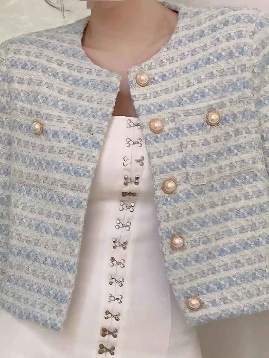 Button Up Cropped Tweed Outerwear - 