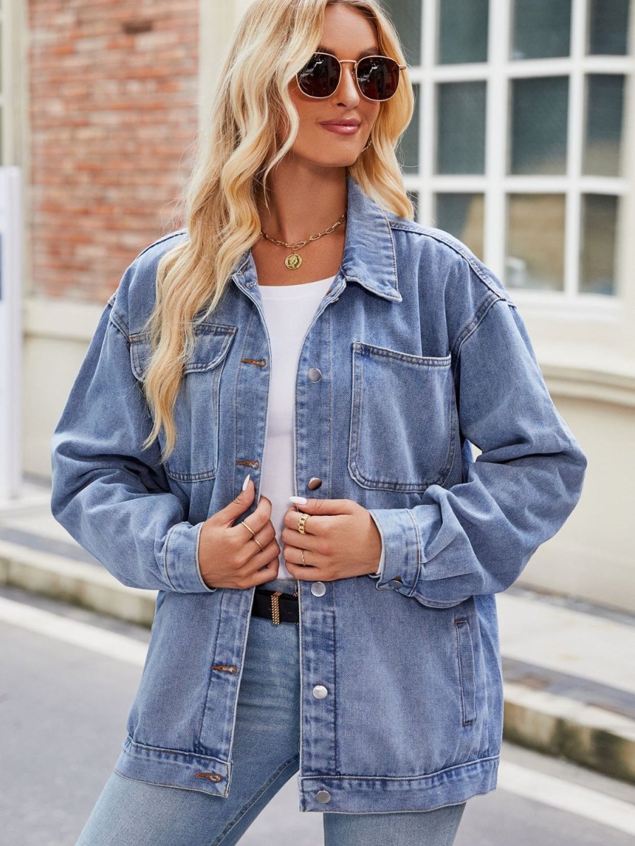 Button Up Denim Jacket with Pockets - Outerwear