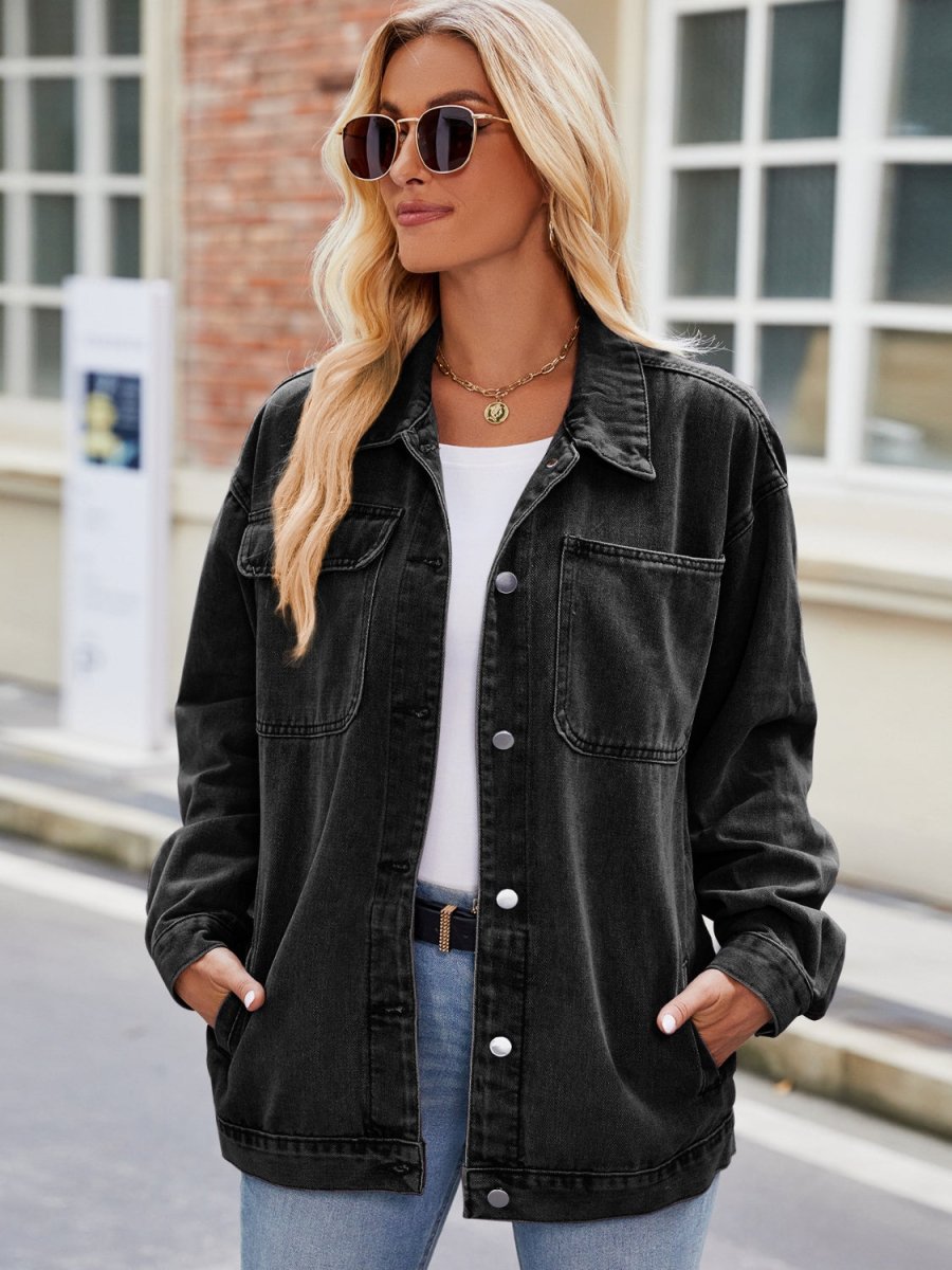 Button Up Denim Jacket with Pockets - Outerwear