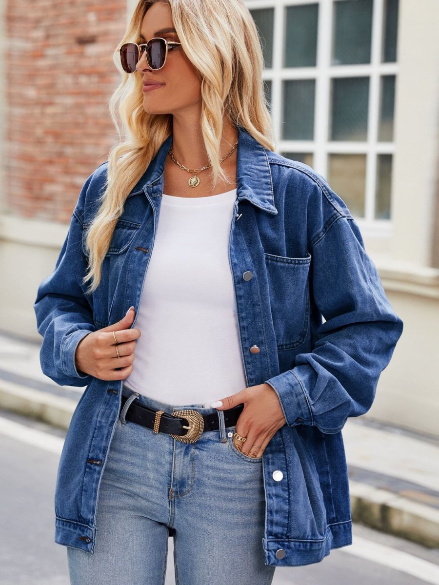 Button Up Denim Jacket with Pockets - Outerwear