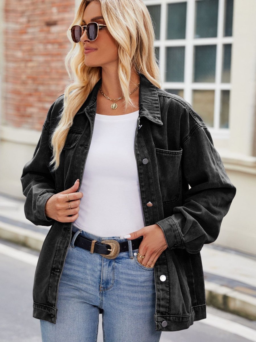 Button Up Denim Jacket with Pockets - Outerwear