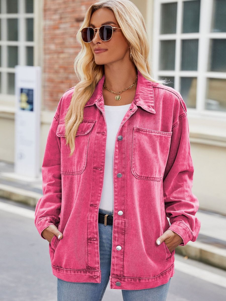 Button Up Denim Jacket with Pockets - Outerwear