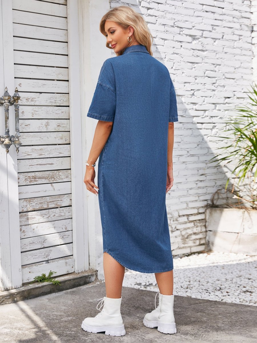 Button Up Dropped Shoulder Denim Dress - Denim Dress