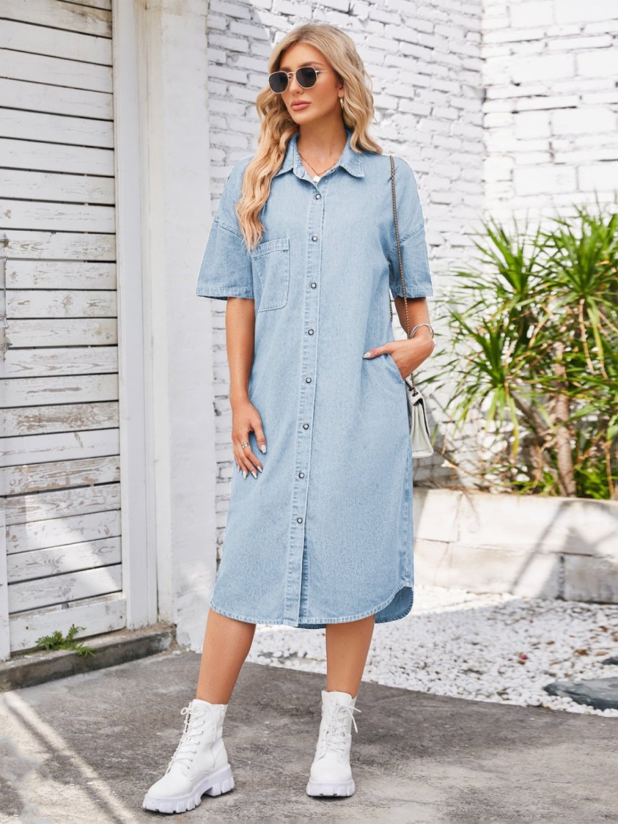 Button Up Dropped Shoulder Denim Dress - Denim Dress