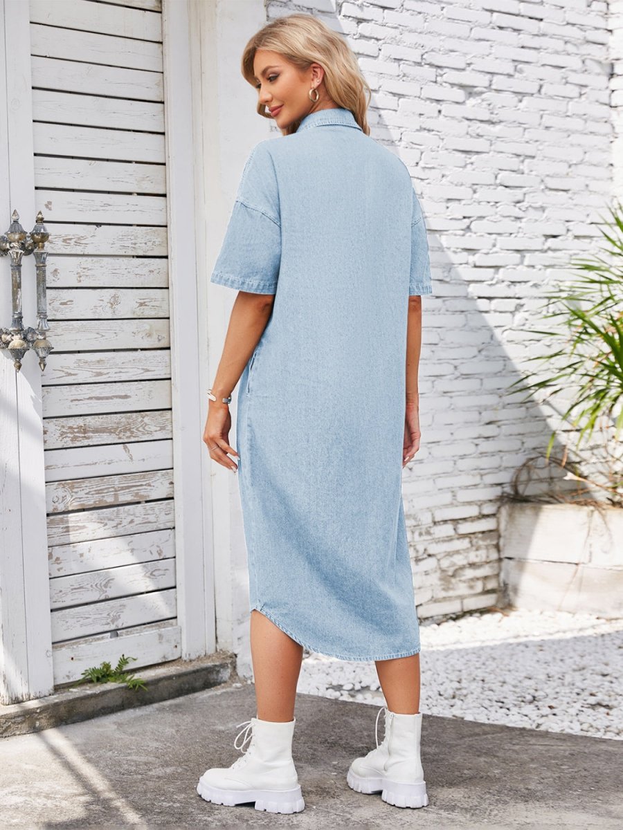 Button Up Dropped Shoulder Denim Dress - Denim Dress