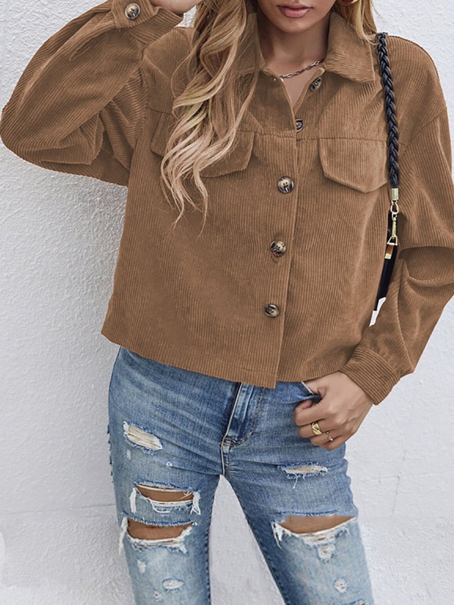 Button Up Dropped Shoulder Long Sleeve Jacket - Outerwear