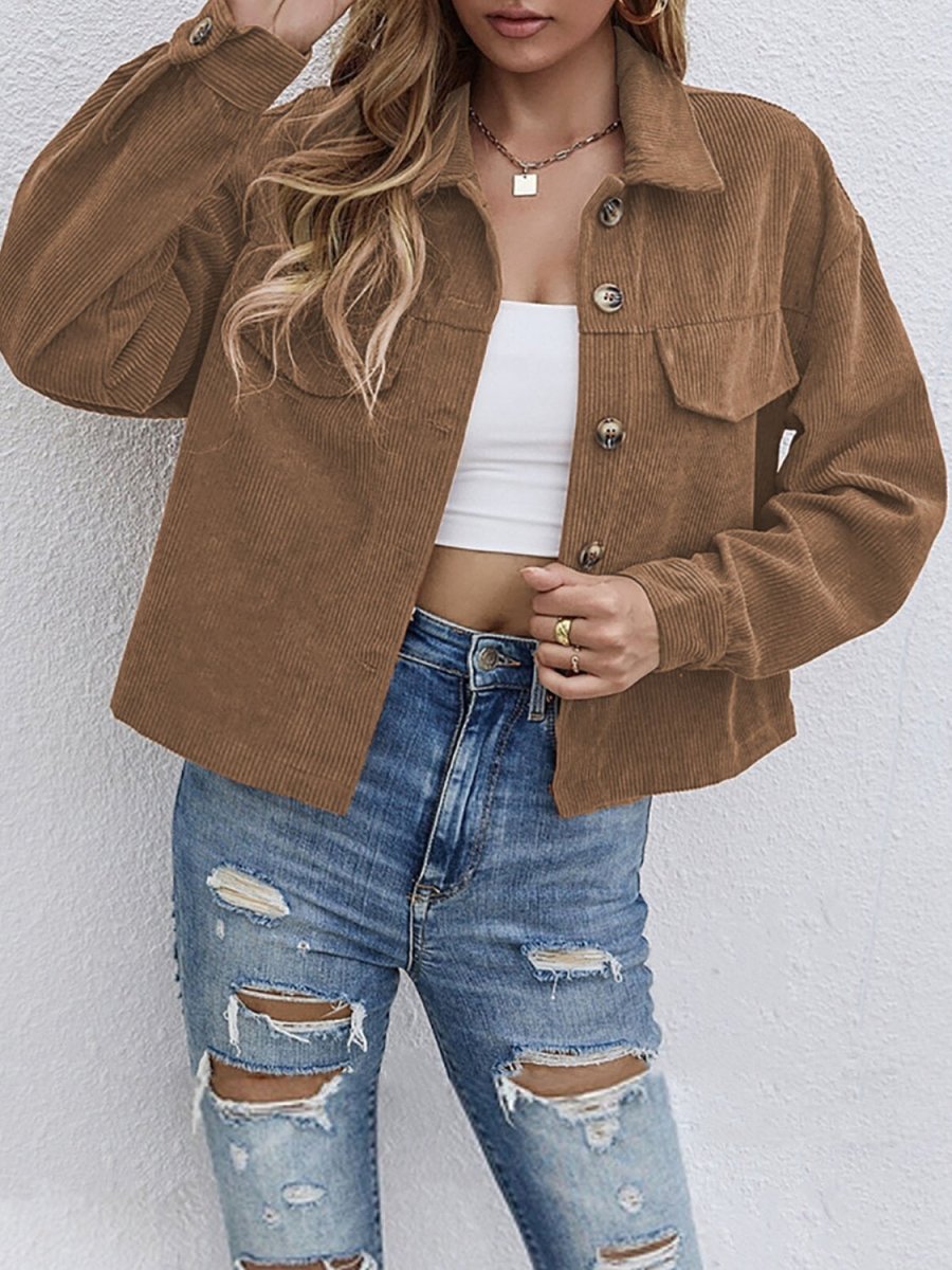 Button Up Dropped Shoulder Long Sleeve Jacket - Outerwear