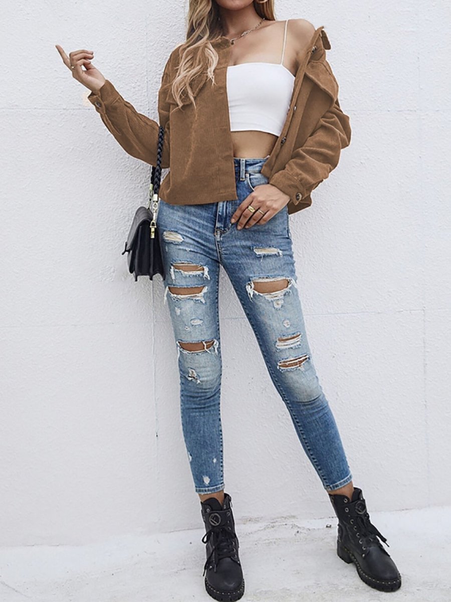 Button Up Dropped Shoulder Long Sleeve Jacket - Outerwear