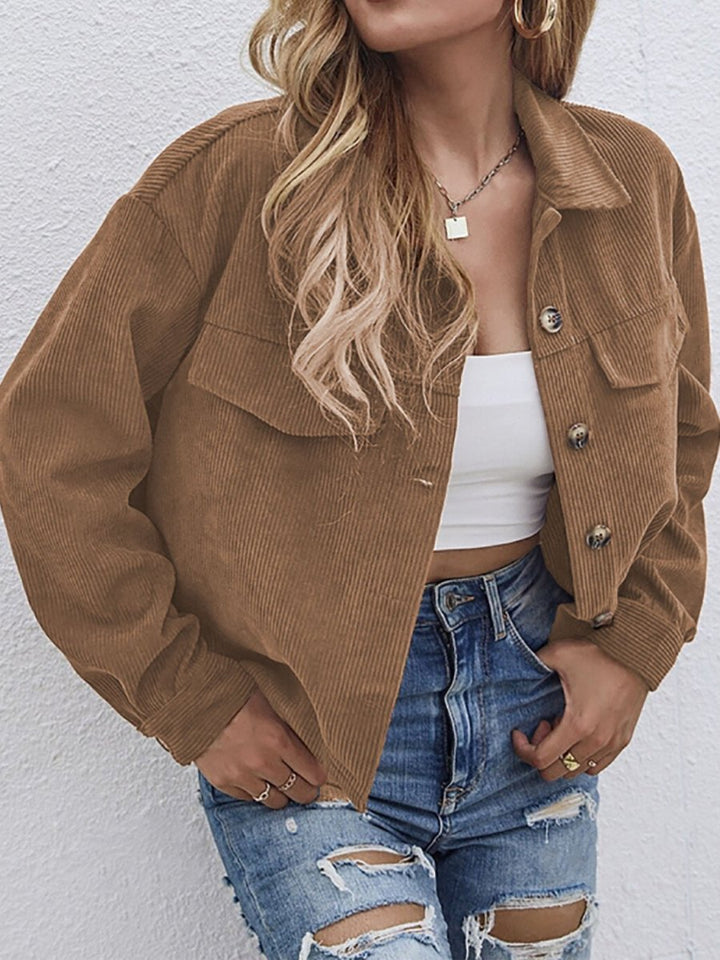 Button Up Dropped Shoulder Long Sleeve Jacket - Outerwear