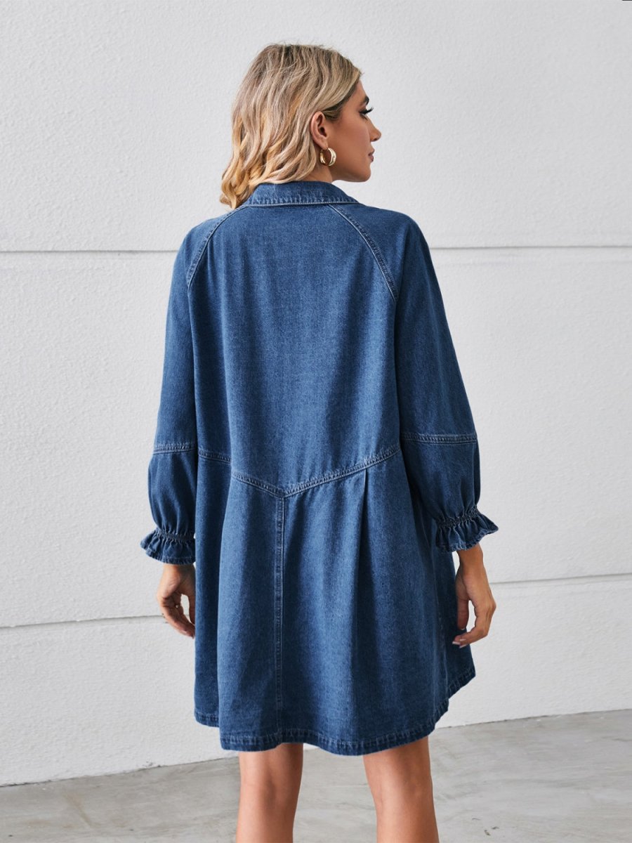 Button Up Flounce Sleeve Mini Denim Dress - Denim Dress