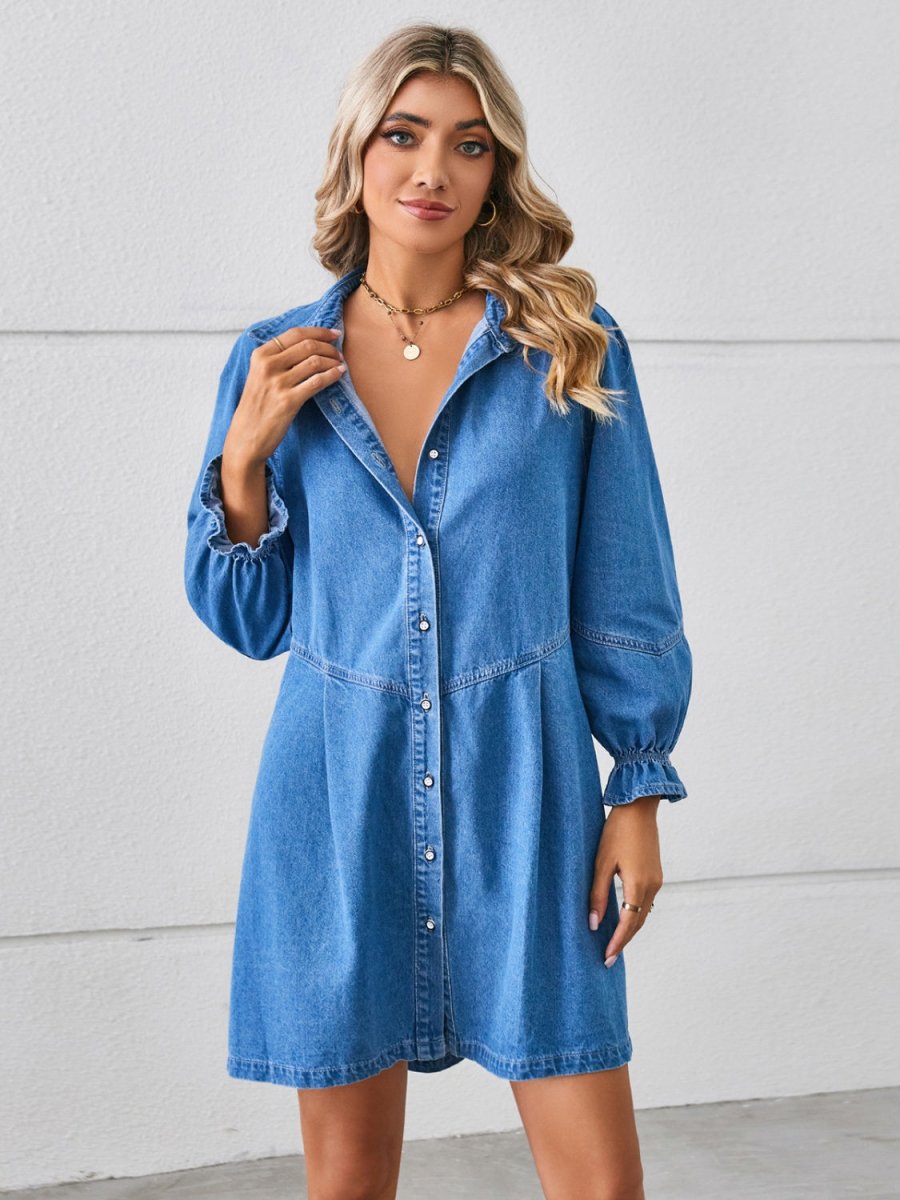 Button Up Flounce Sleeve Mini Denim Dress - Denim Dress