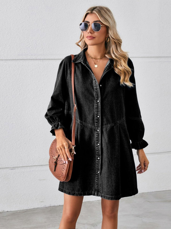 Button Up Flounce Sleeve Mini Denim Dress - Denim Dress