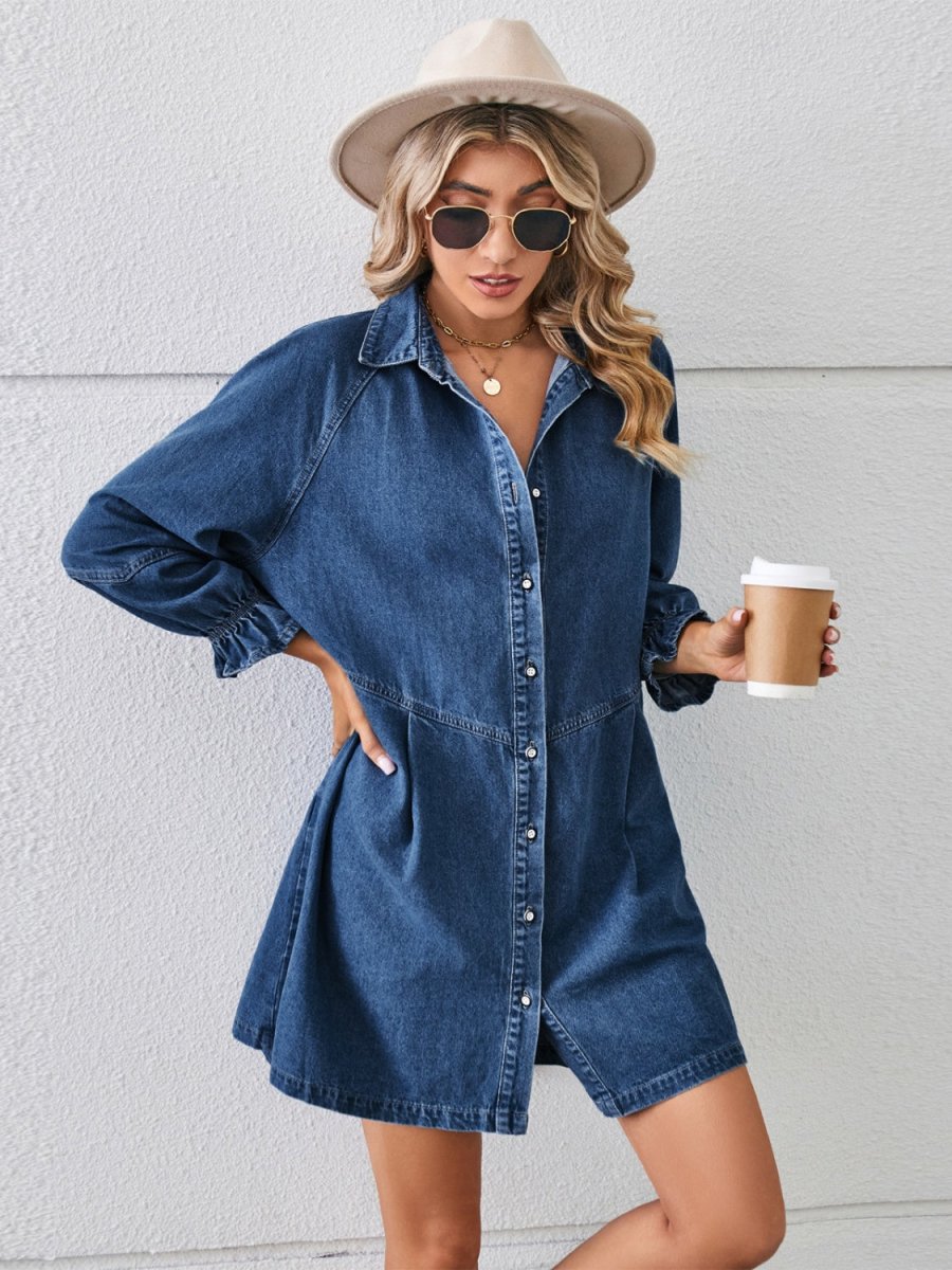 Button Up Flounce Sleeve Mini Denim Dress - Denim Dress