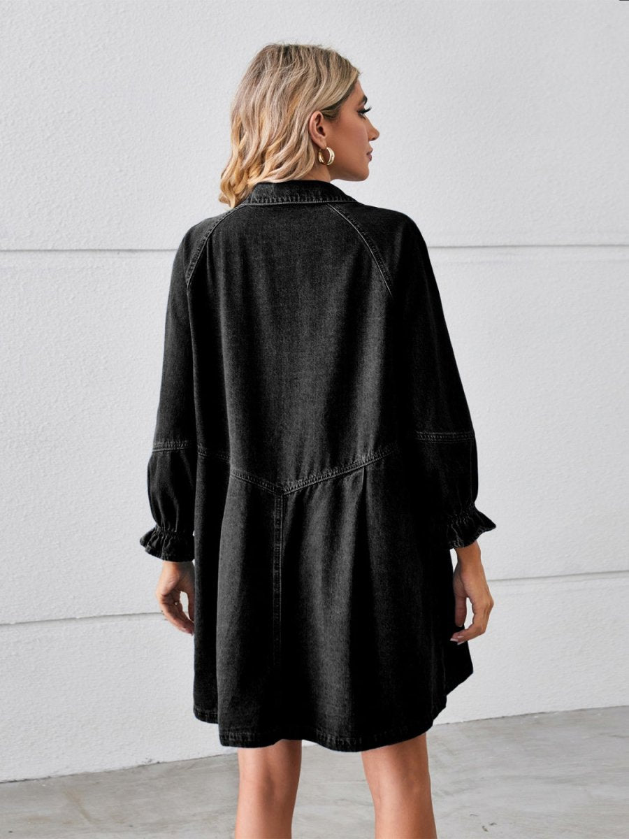 Button Up Flounce Sleeve Mini Denim Dress - Denim Dress