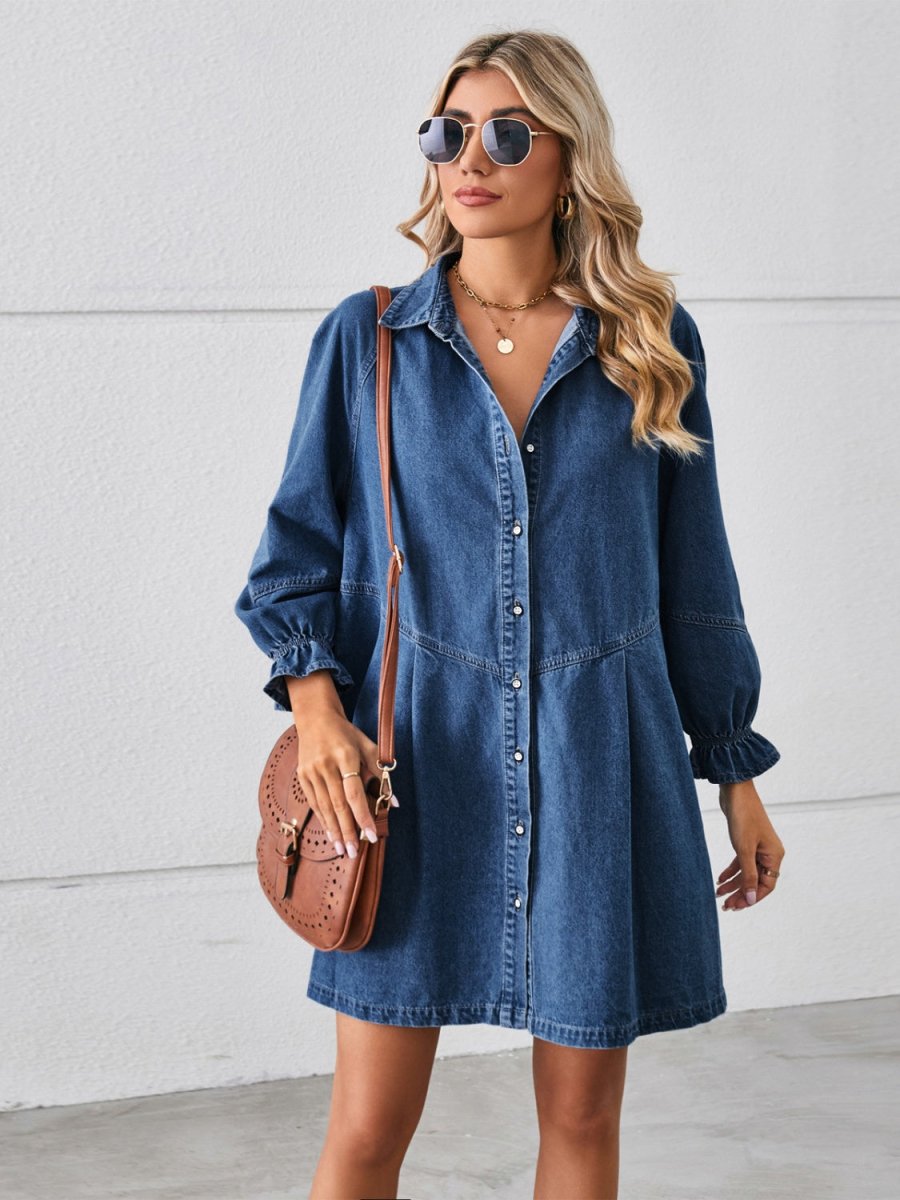 Button Up Flounce Sleeve Mini Denim Dress - Denim Dress