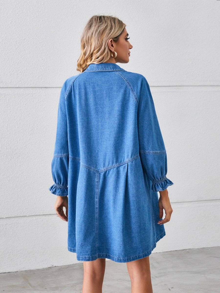 Button Up Flounce Sleeve Mini Denim Dress - Denim Dress