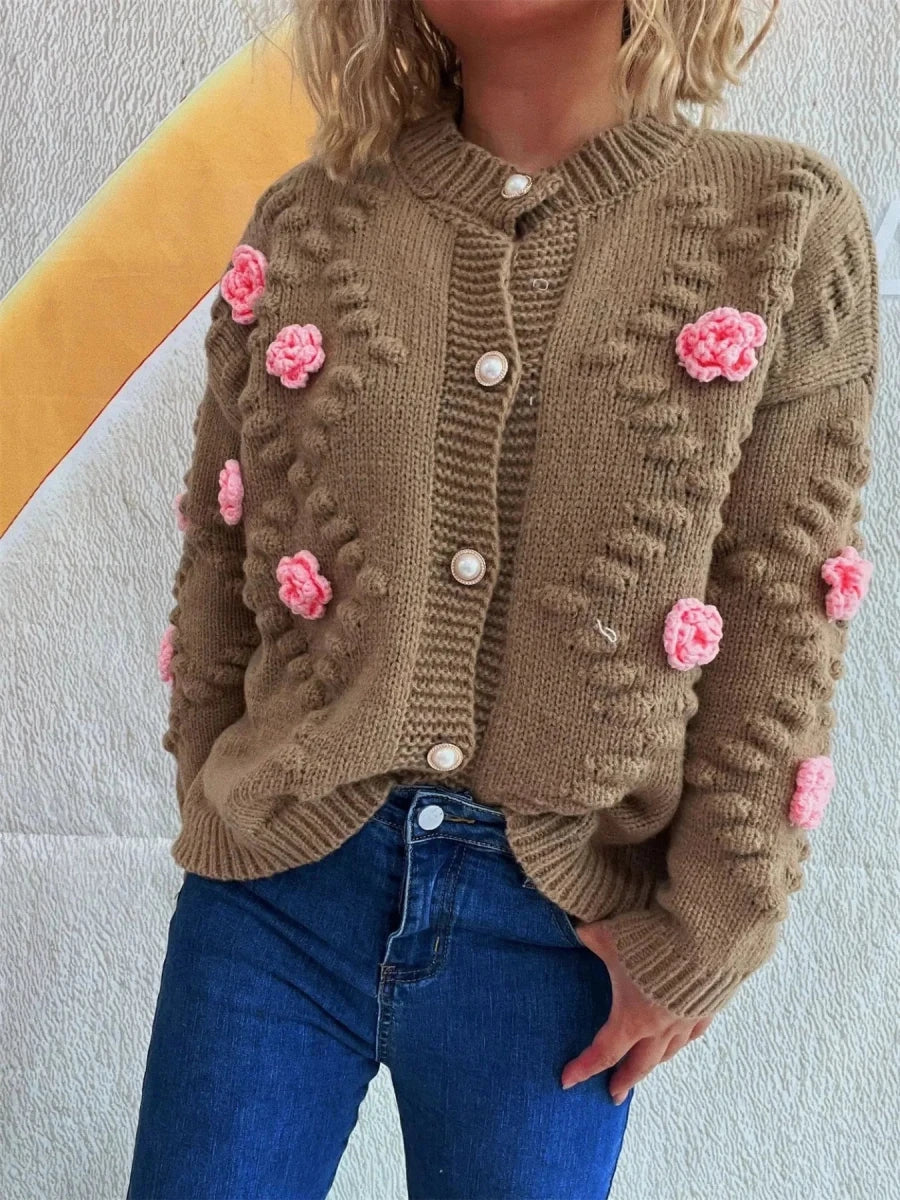Button Up Long Sleeve Cardigan with Flowers - 