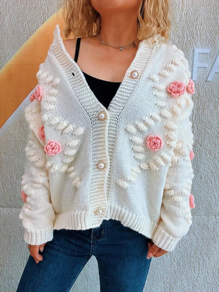 Button Up Long Sleeve Cardigan with Flowers - 