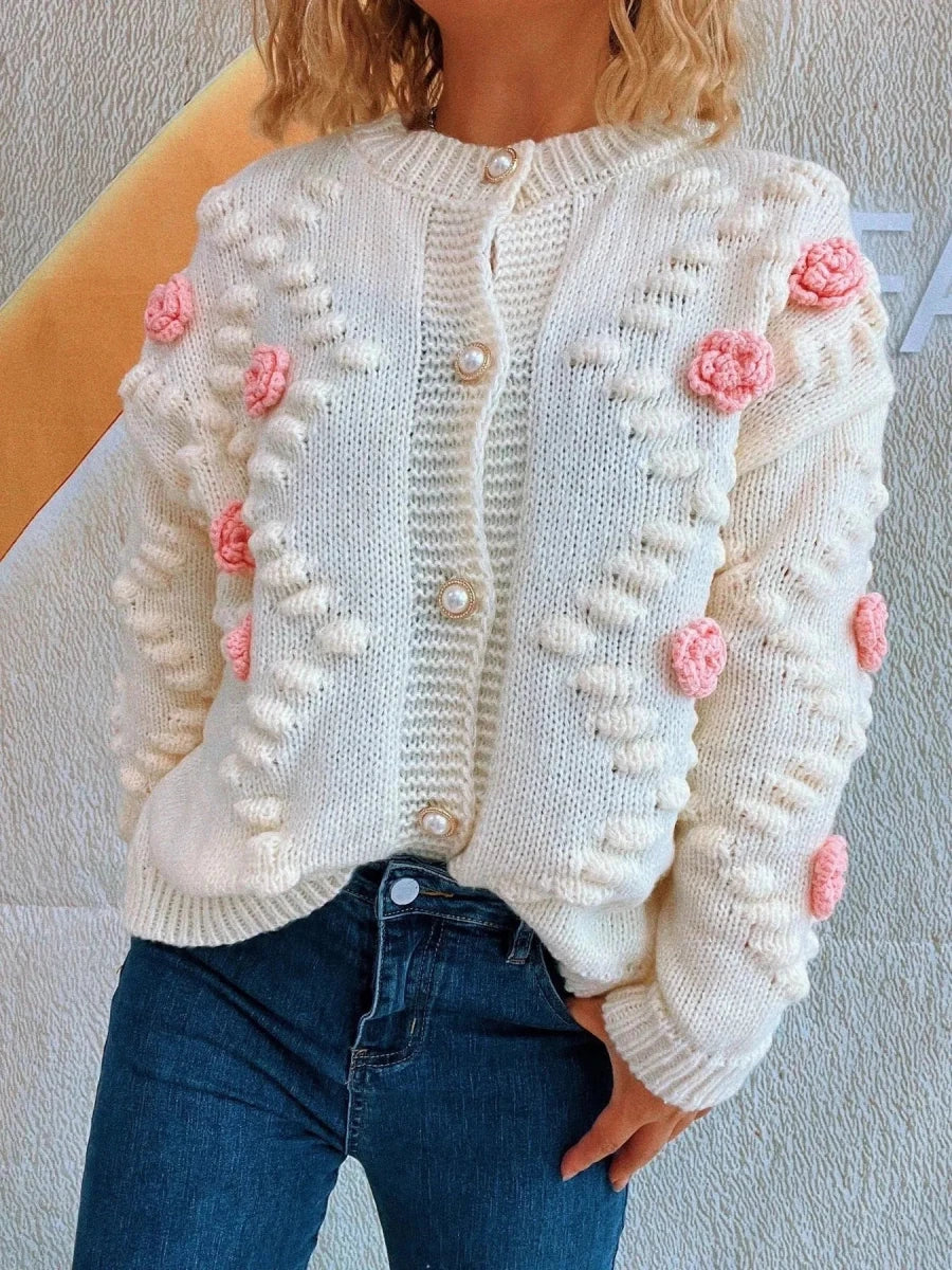 Button Up Long Sleeve Cardigan with Flowers - 