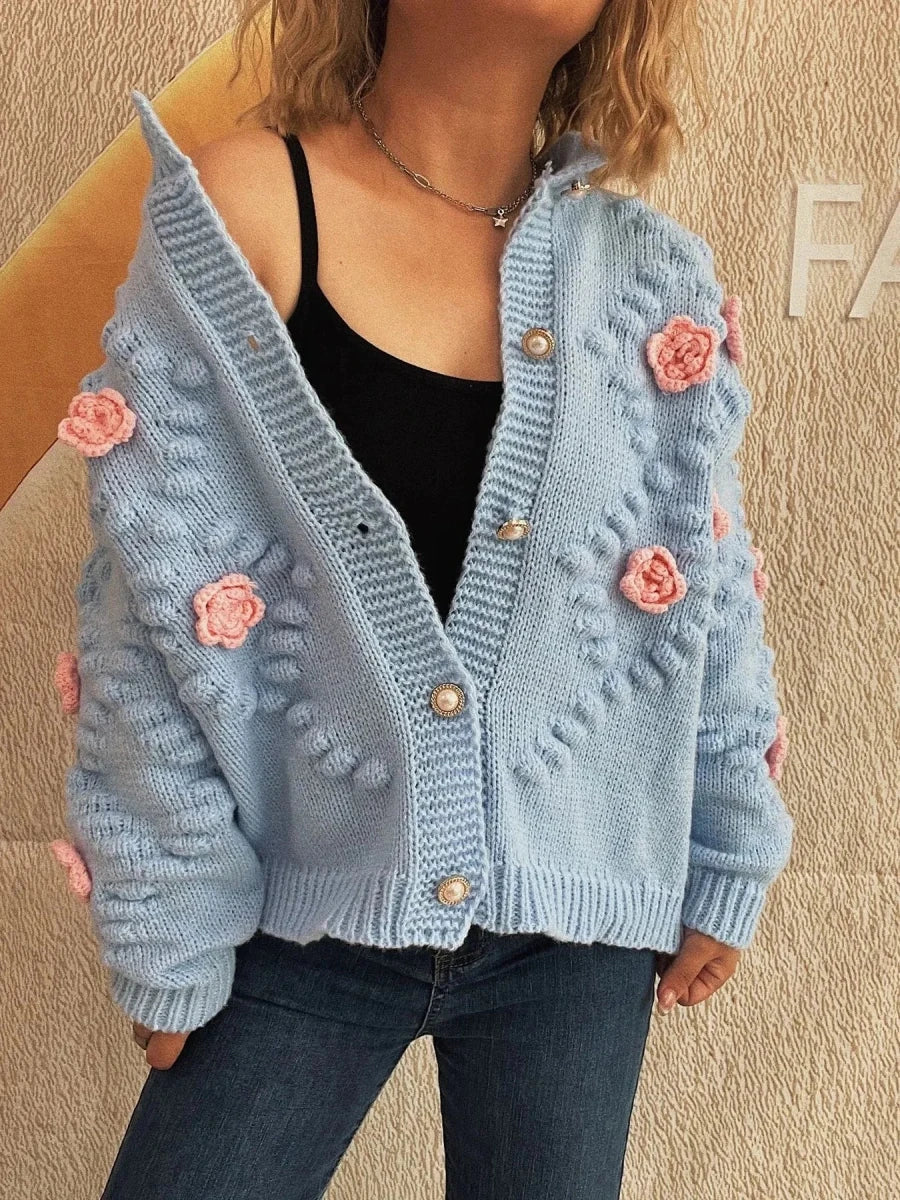Button Up Long Sleeve Cardigan with Flowers - 