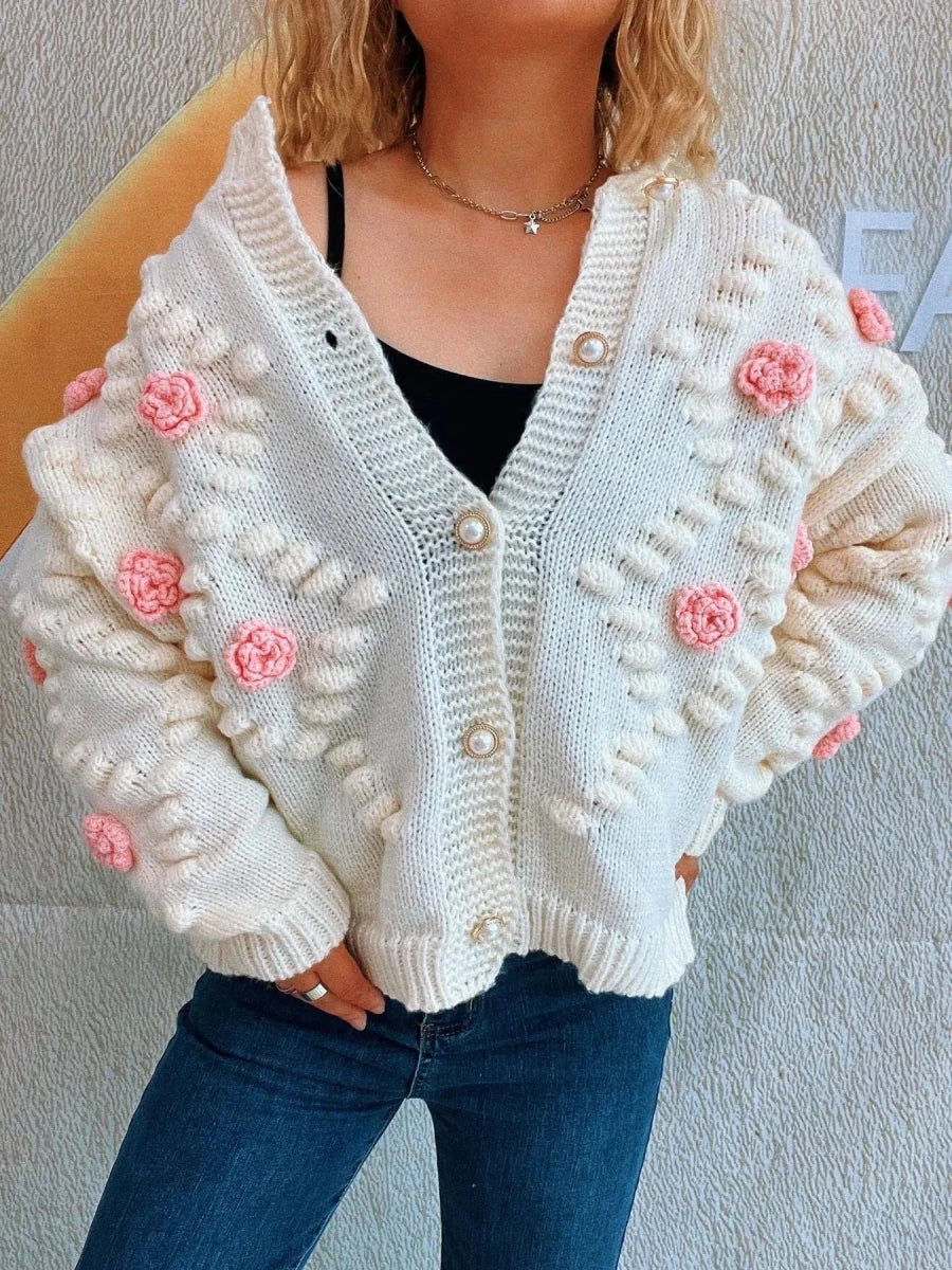 Button Up Long Sleeve Cardigan with Flowers - 