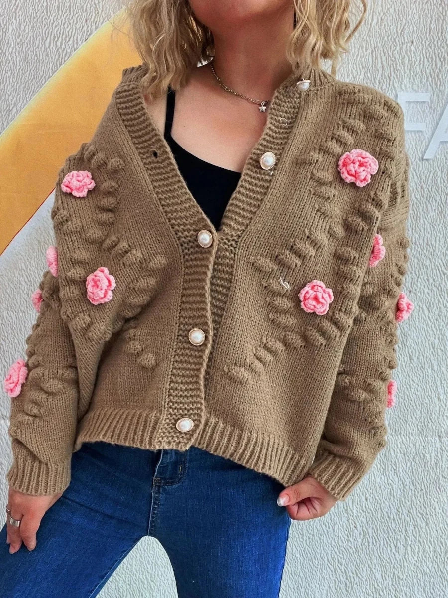 Button Up Long Sleeve Cardigan with Flowers - 