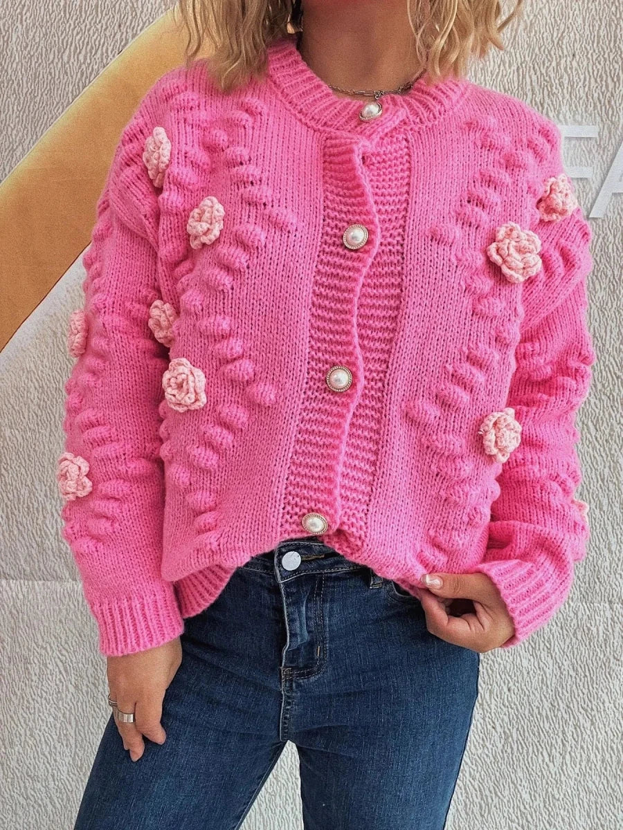 Button Up Long Sleeve Cardigan with Flowers - 