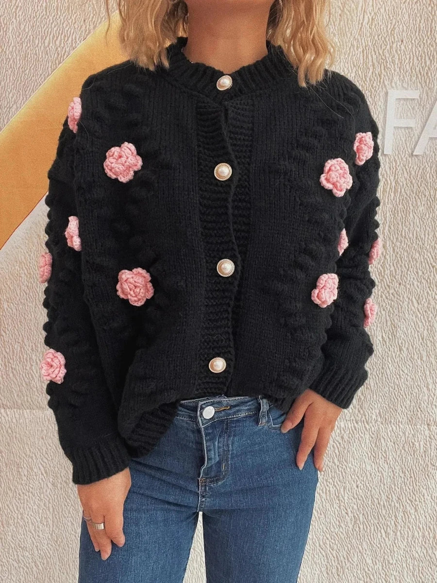 Button Up Long Sleeve Cardigan with Flowers - 