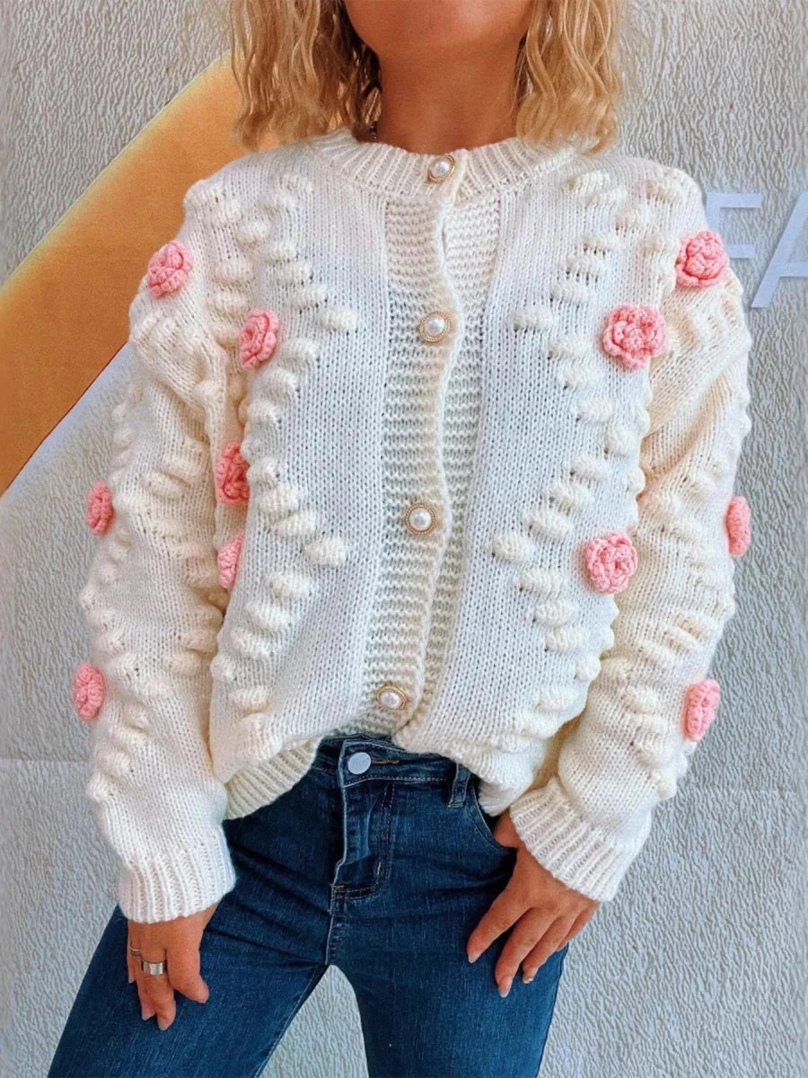 Button Up Long Sleeve Cardigan with Flowers - 
