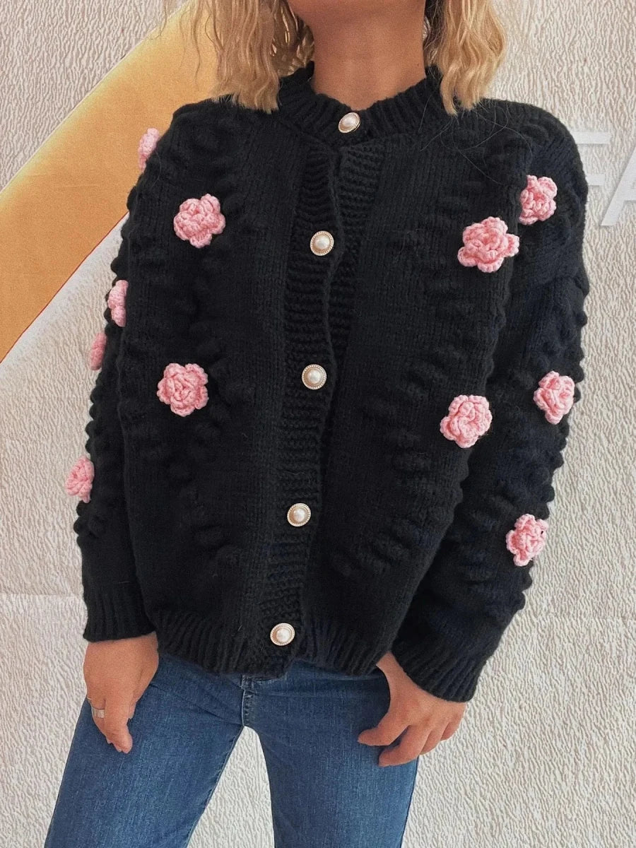 Button Up Long Sleeve Cardigan with Flowers - 