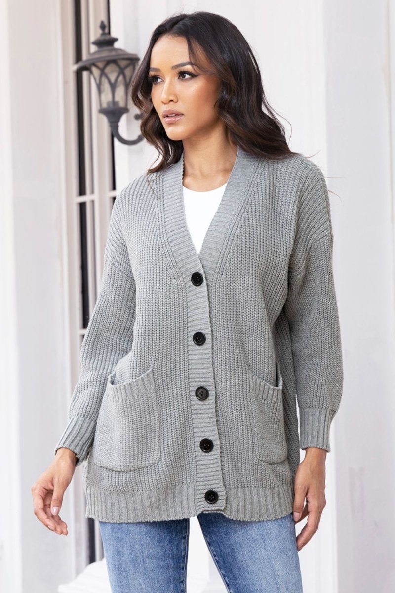 Button Up Long Sleeve Cardigan with Pockets - Outerwear