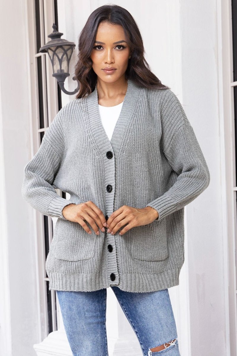 Button Up Long Sleeve Cardigan with Pockets - Outerwear