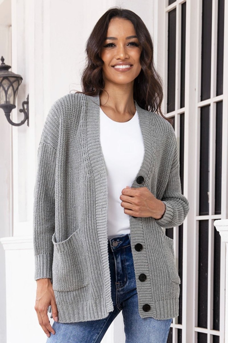 Button Up Long Sleeve Cardigan with Pockets - Outerwear