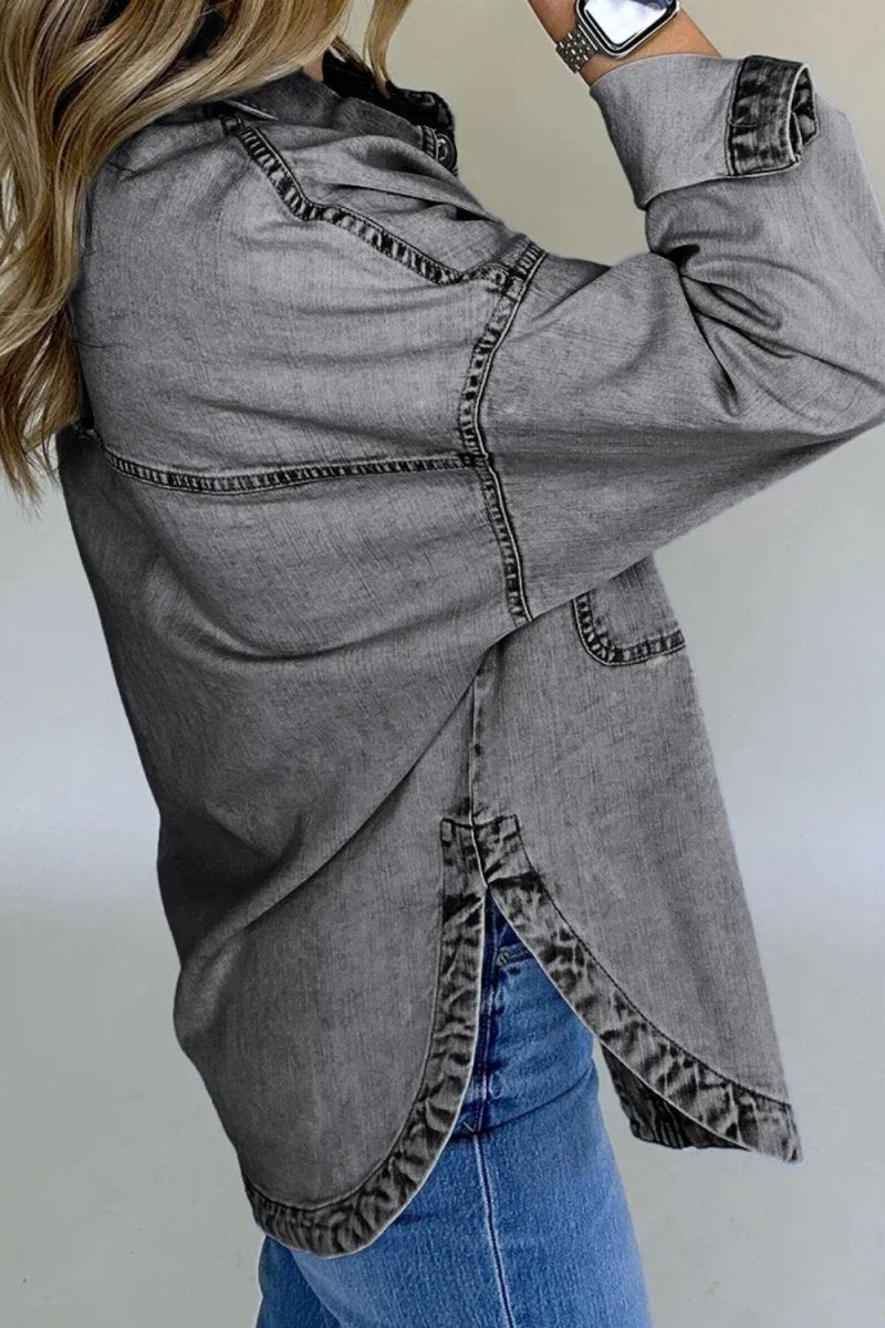 Button Up Long Sleeve Denim Jacket - Outerwear