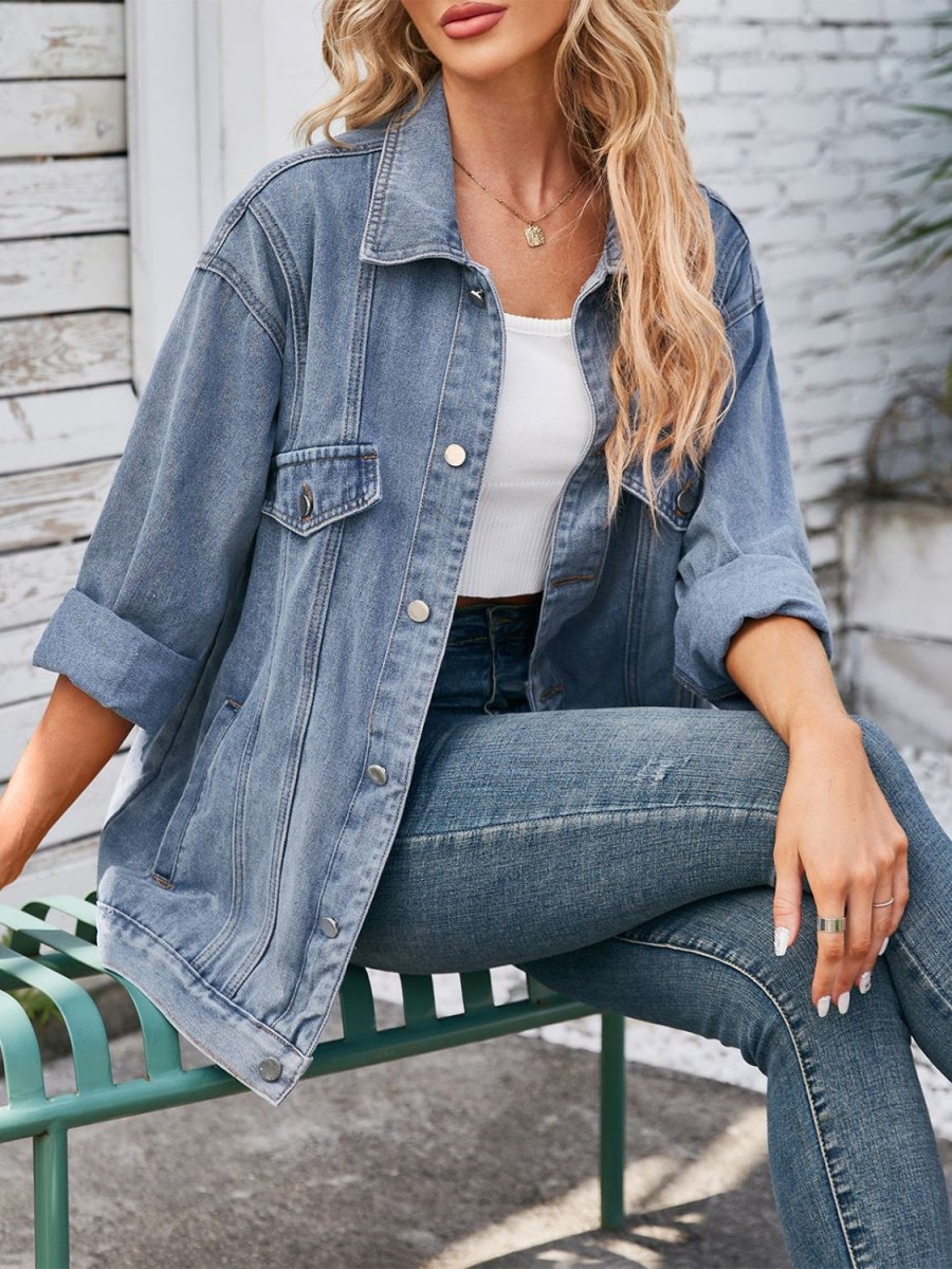 Button Up Long Sleeve Denim Jacket - Outerwear